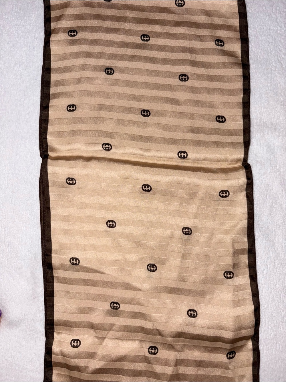 Gucci womenâs silk scarf beige brown striped pattern with double G logo